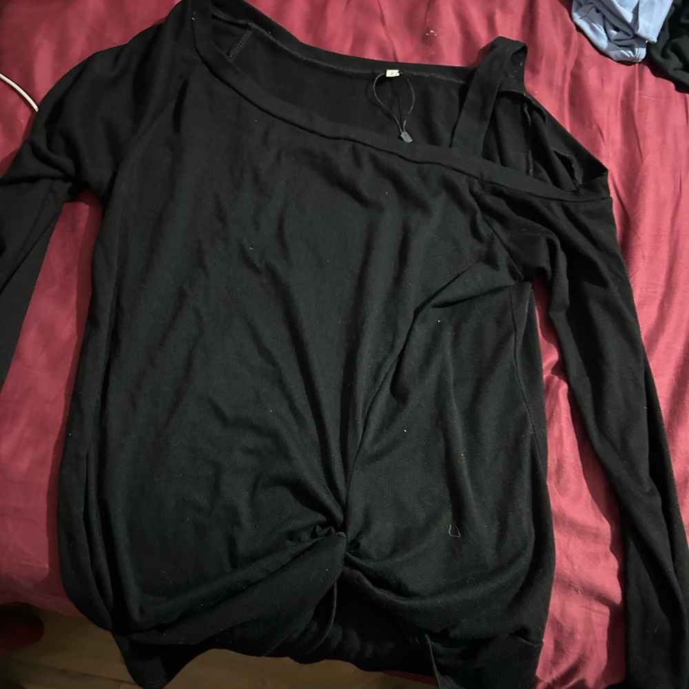 Black tied off the shoulder long sleeve shirt- Size M